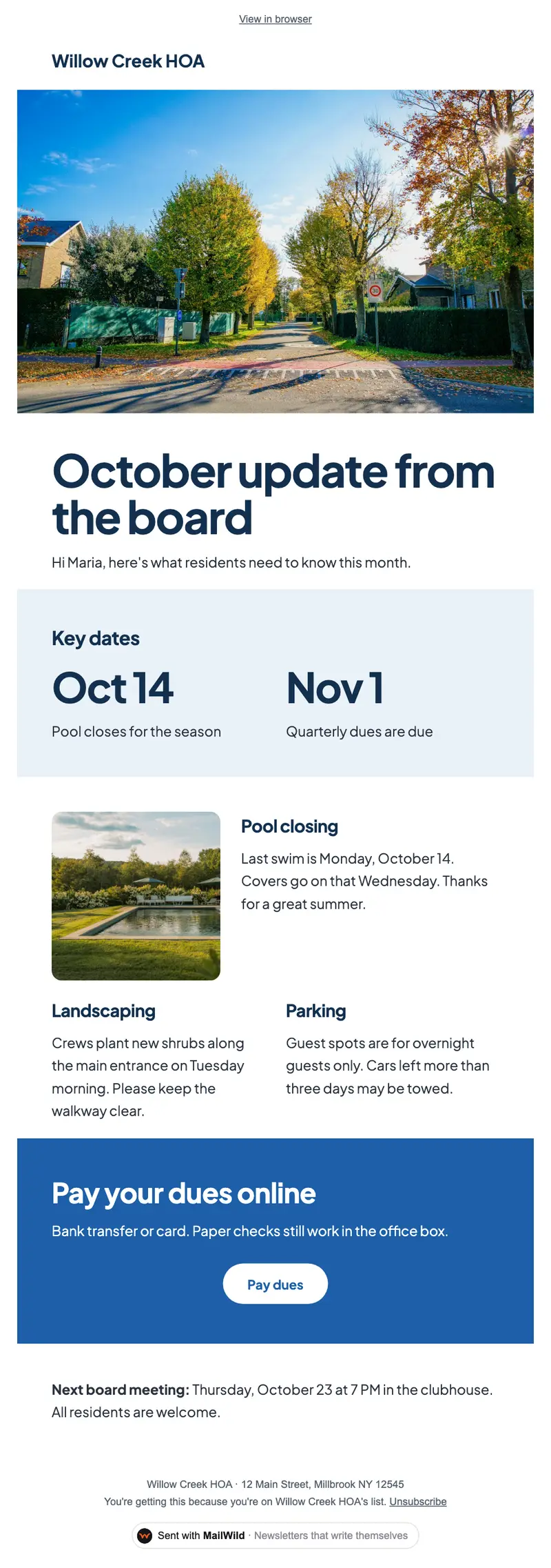 A MailWild newsletter in the Neighborhood Notice look: a photo of a tree-lined street, an October update headline, two key dates in large type, short notices side by side and a blue band with a Pay dues button.