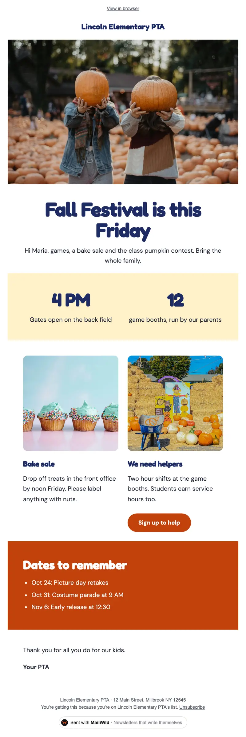 A MailWild newsletter in the Backpack News look: a photo of two kids holding pumpkins, a Fall Festival headline, big start time and booth count, bake sale and helper sign-up side by side, and an orange dates to remember band.