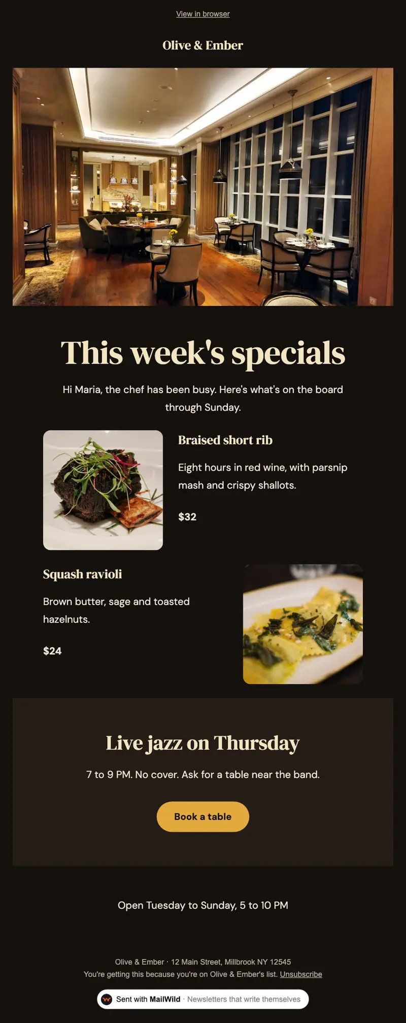 A MailWild newsletter in the Specials Board look on a dark page: a dining room photo, a This week's specials headline, two dishes with photos and prices, and a Live jazz on Thursday band with a gold Book a table button.