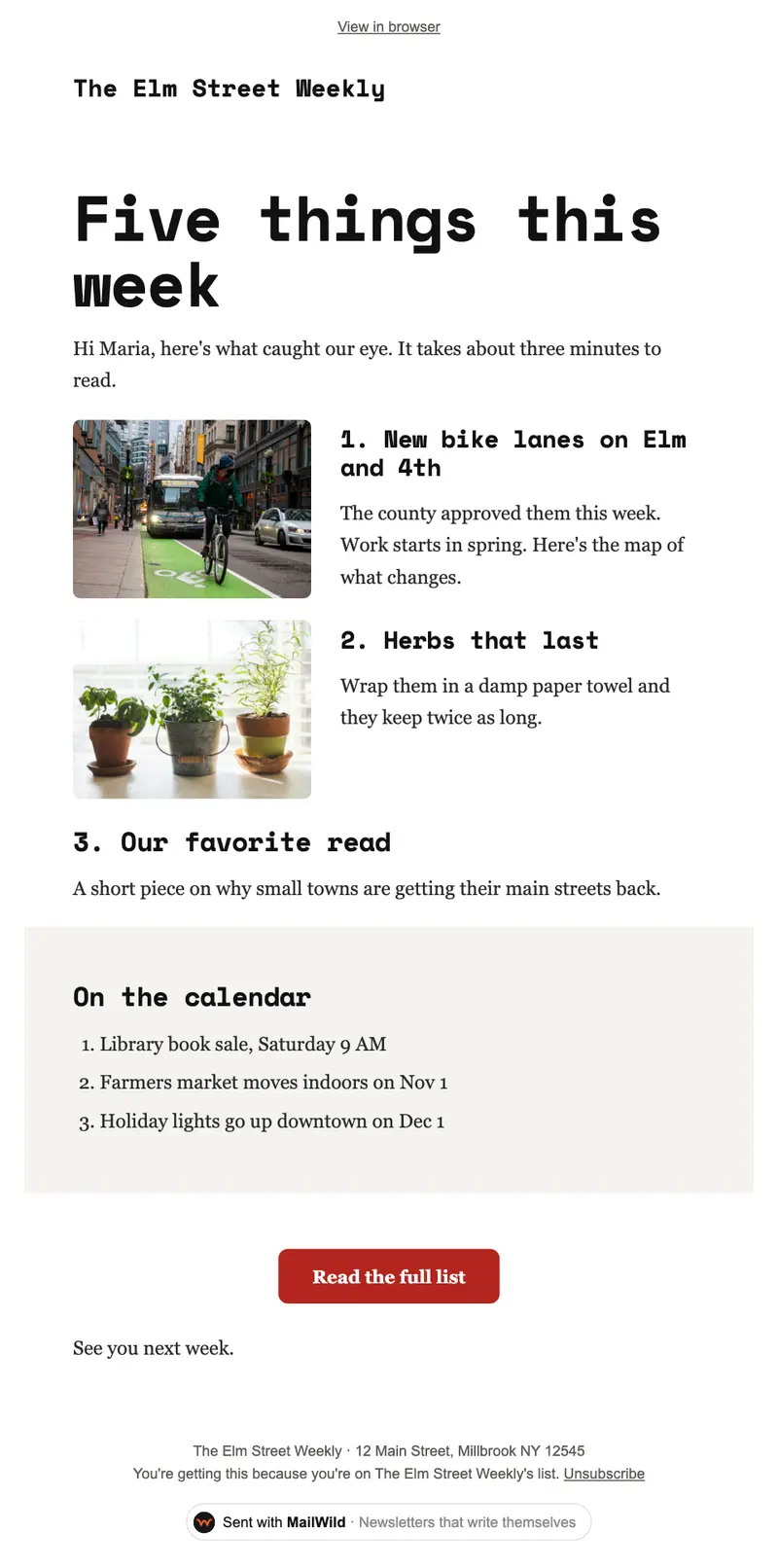 A MailWild newsletter in the Weekly Roundup look: a Five things this week headline, numbered items each with a small photo, a numbered calendar list and a Read the full list button.